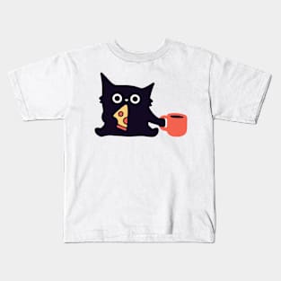 Cute Black Cat Eating Pizza Slice Kids T-Shirt